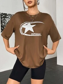 SHEIN Unity Star & Letter Graphic Drop Shoulder Tee - Brown - View 3