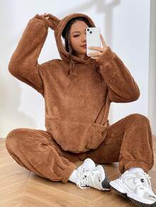 SHEIN EZwear 棕色毛茸茸女裝套裝 - 棕色 - 查看 5