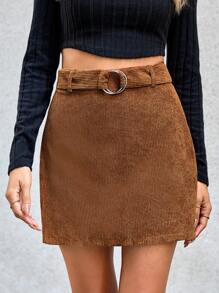 GENKIRA Cao eo Thắt lưng Vải to sợi Váy - Cà phê nâu - Xem 1