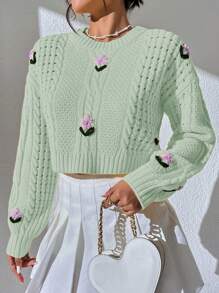 SHEIN Unity Floral Embroidery Cable Knit Drop Shoulder Crop Knit Pullover Fall Winter Sweater - Green - View 6