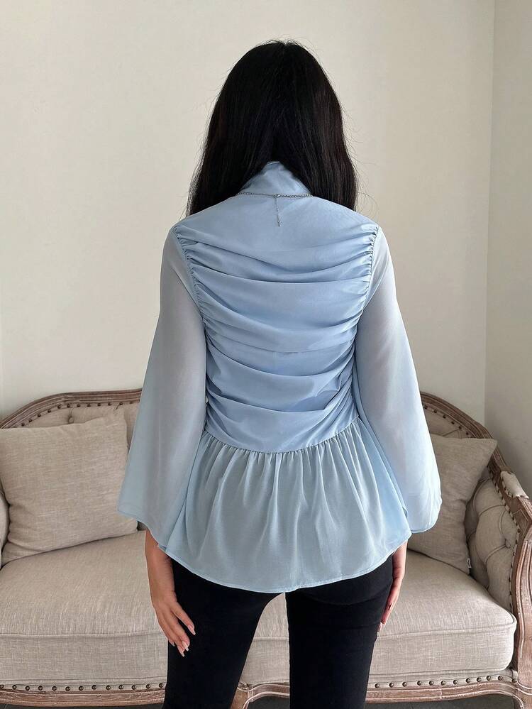 Women's Turtleneck Bell Sleeve Pleated Shirt