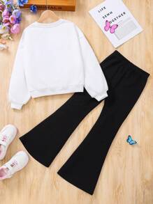 SHEIN Leap Crew Tween Girl Fashionable Urban Style Round Neck Pullover With Long Sleeves And Flared Knitted Pants - Black and White - View 2