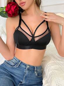 SHEIN Contrast Mesh Harness Bra Lingerie - Black - View 5