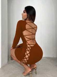 SHEIN SXY Criss Cross Backless Bodycon Dress - Brown - View 1
