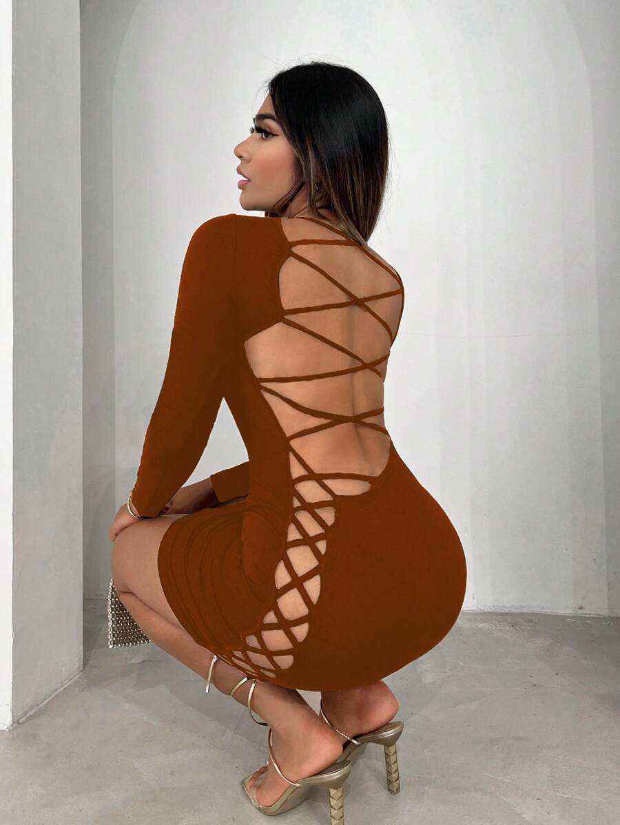 SHEIN SXY Criss Cross Backless Bodycon Dress - Brown - View 1