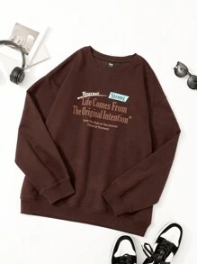 DAZY 男士返校口號圖形下擺滴肩運動衫，不帶汗衫 - 咖啡棕 - 查看 4