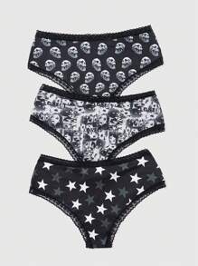 ROMWE Goth Plus 3pcs Skull Print Contrast Lace Panty Set - Multicolor - View 2