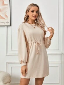 SHEIN Maternity Solid Drawstring Waist Nursing Dress - Khaki - View 5