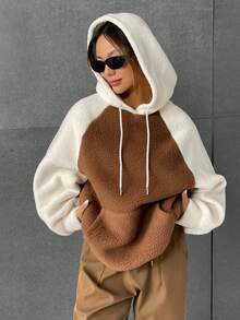 SHEIN EZwear Của phụ nữ Áo nỉ có mũ Với Màu sắc va chạm Và Lông Chất liệu - màu nâu - Xem 3