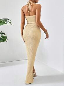 Firerie Solid Crop Halter Top & Twist Front Split Thigh Skirt Two Piece - Apricot - View 2