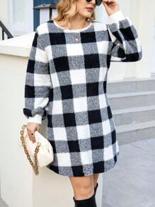 Calvaya 大碼格紋印花燈籠袖法蘭絨洋裝