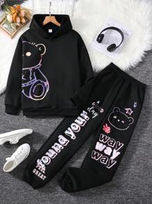青少年女孩小熊印花連帽衫&字母圖案衛褲 - 黑色 - 查看 1