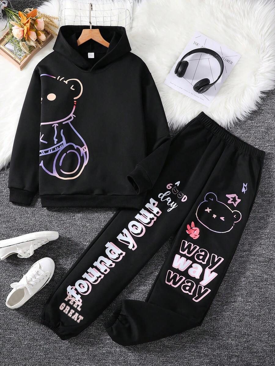 青少年女孩小熊印花連帽衫&字母圖案衛褲 - 黑色 - 查看 1