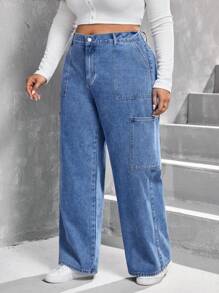 SHEIN Privé Hơn Túi vá quần ống rộng Quần jean - Rửa nhẹ - Xem 5