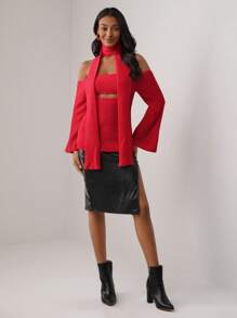 MAY‘G Designer Solid Off Shoulder Cut Out Sweater With Scarf, Fall, For Autumn & Winter, Holiday, Vacation - Red - View 4