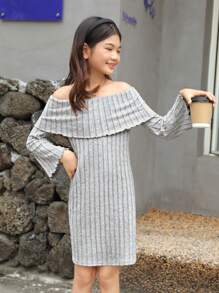 SHEIN Tween Girls' Off Shoulder Flared Sleeve Ribbed Knit Dress - Grey - View 7