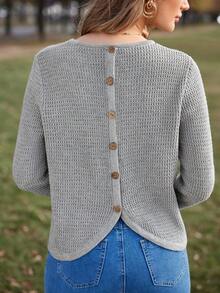 SHEIN Frenchy Button Back Ribbed Knit Sweater - Grey - View 6