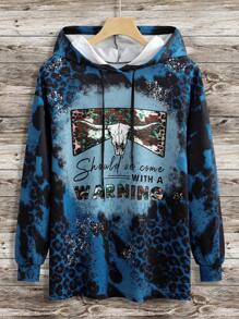 SHEIN LUNE Plus Size Bull Head & Letter Graphic Drawstring Sweatshirt - Multicolor - View 1