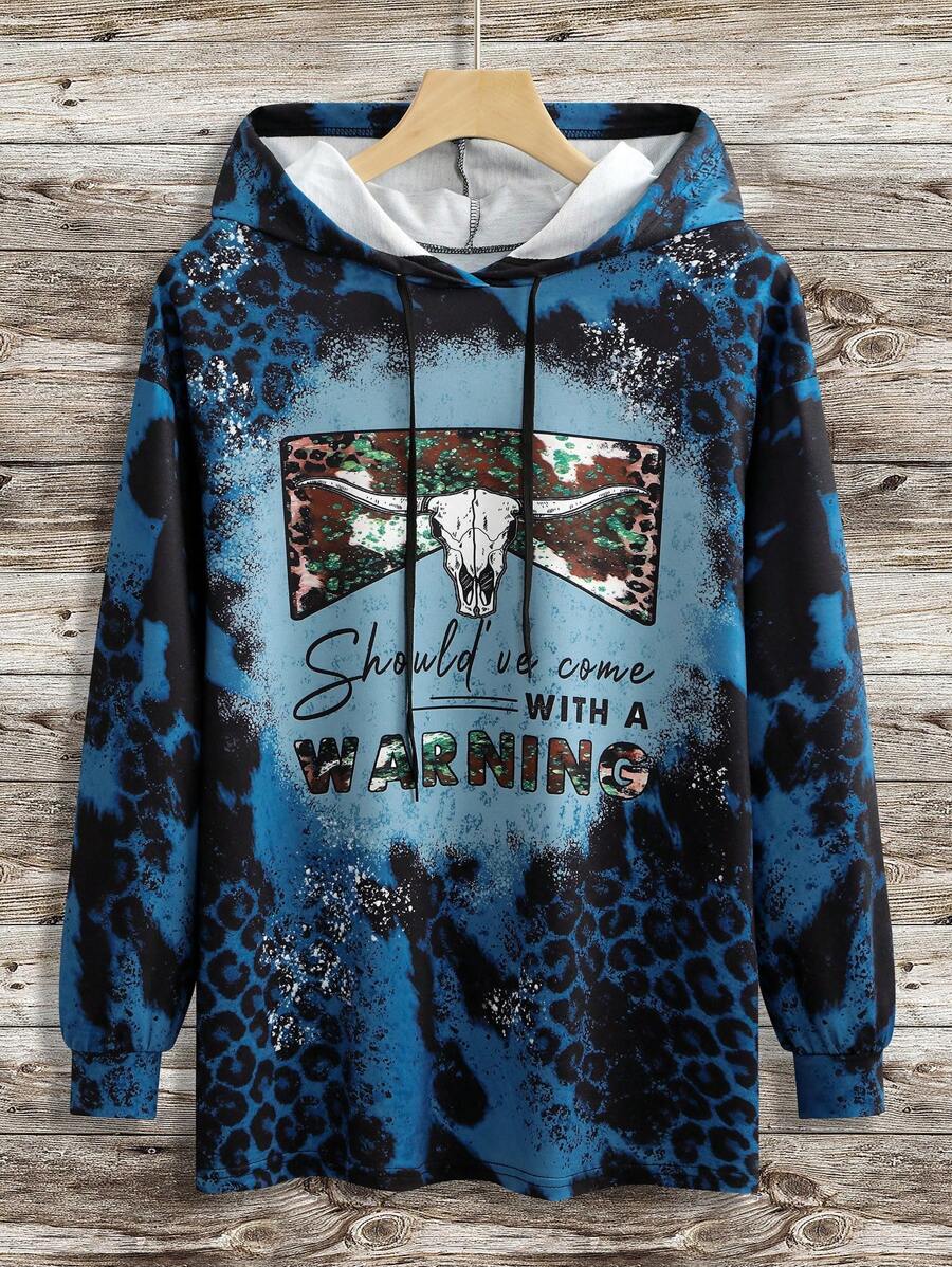 SHEIN LUNE Plus Size Bull Head & Letter Graphic Drawstring Sweatshirt - Multicolor - View 1