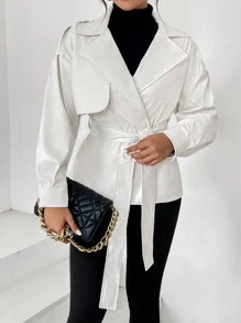 SHEIN Privé 落肩袖西裝領腰帶PU皮革外套 - 白色 - 查看 5