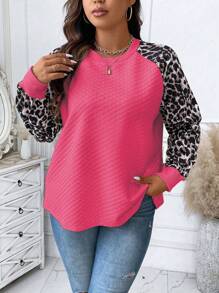 SHEIN LUNE 大碼豹紋印花插肩袖運動衫 - 玫紅色 - 查看 7