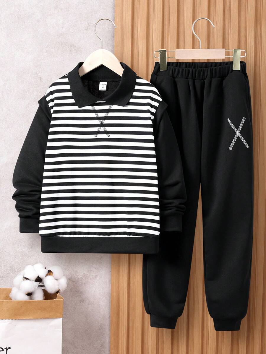 SHEIN Adolescent Garçon À Rayures Sweat-Shirt À Capuche & À Lettres Pantalon De Survêtement