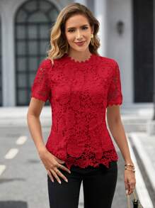 SHEIN Clasi Guipure Lace Mock Neck Blouse - Red - View 3