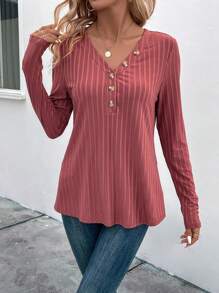 EMERY ROSE Button Front Ribbed Knit Tee - Pink - View 5