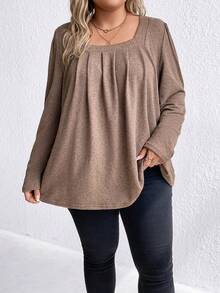 SHEIN LUNE Hơn Cổ vuông Xếp nếp Áo thun - màu nâu - Xem 5