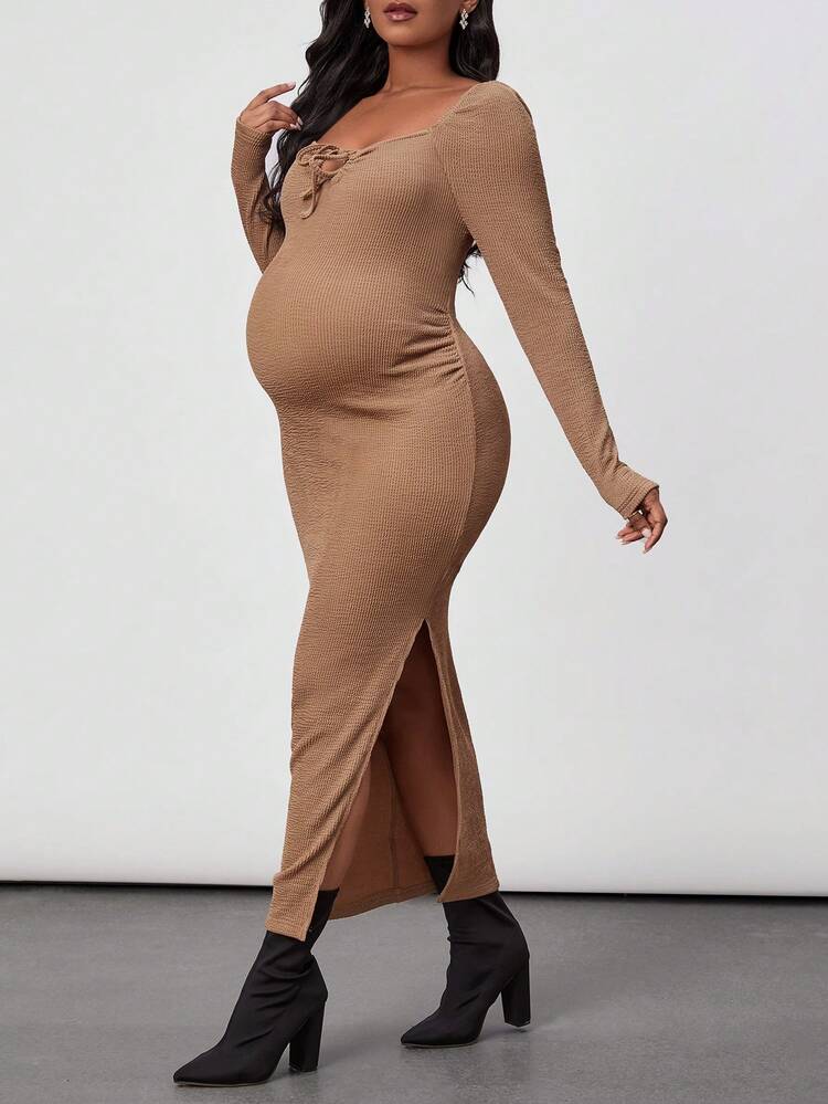 Maternity Solid Color Knitted Dress With Split Hem