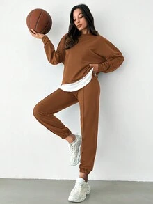 EURMUSE Drop Shoulder 2 In 1 Sweatshirt & Sweatpants - Camel - View 5