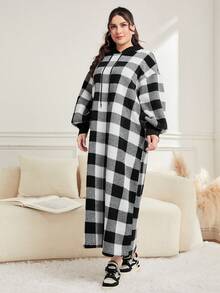 Mulvari Plus Buffalo Plaid Print Drop Shoulder Drawstring Hooded Sweatshirt Dress - Black and White - View 4