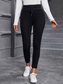 SHEIN LUNE Drawstring Waist Thermal Lined Ribbed Knit Leggings - Black - View 4