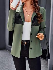 SHEIN Unity Contrast PU Leather Button Front Puff Sleeve Coat - Army Green - View 3