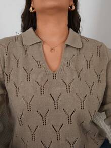 SHEIN Frenchy Plus Pointelle Knit Sweater - Khaki - View 5