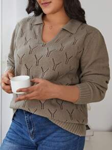 SHEIN Frenchy Plus Pointelle Knit Sweater - Khaki - View 6