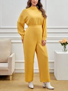 SHEIN Essnce Plus Mock Neck Drop Shoulder Jumpsuit - Yellow - View 5