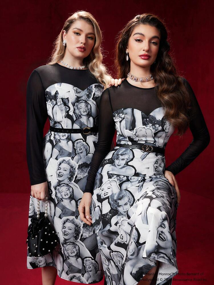 Figure Graphic Contrast Mesh Dress Without Belt