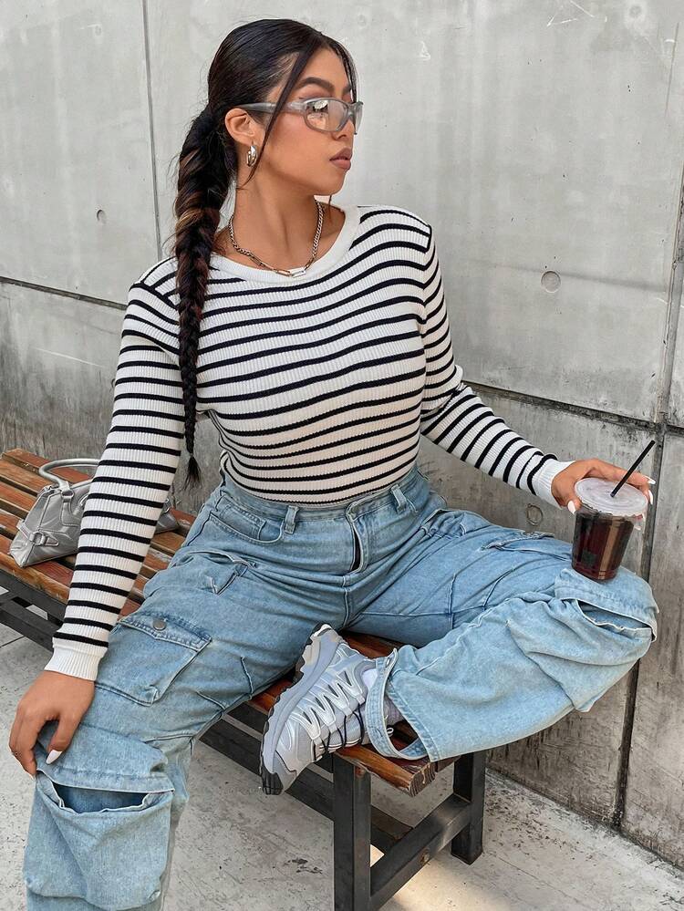 Plus Striped Pattern Sweater Knit Pullover Fall Winter Sweater
