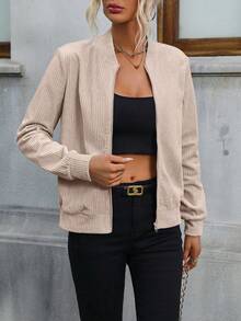 SHEIN EZwear 拉鏈開襟燈芯絨飛行員夾克 - 杏色 - 查看 3