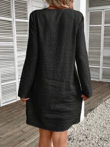 EMERY ROSE Roll Tab Sleeve Zip Half Placket Tunic Dress - Black - View 2