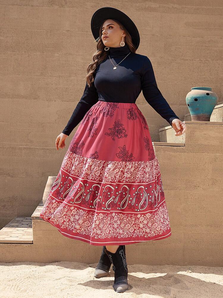 Plus Paisley Print Ruffle Hem Skirt