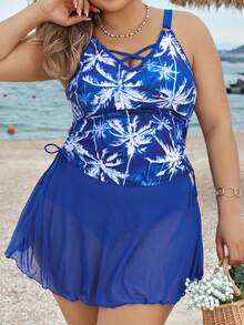 SHEIN Swim Curve 女款大尺碼熱帶印花背心式比基尼套裝 - 藍色 - 查看 4