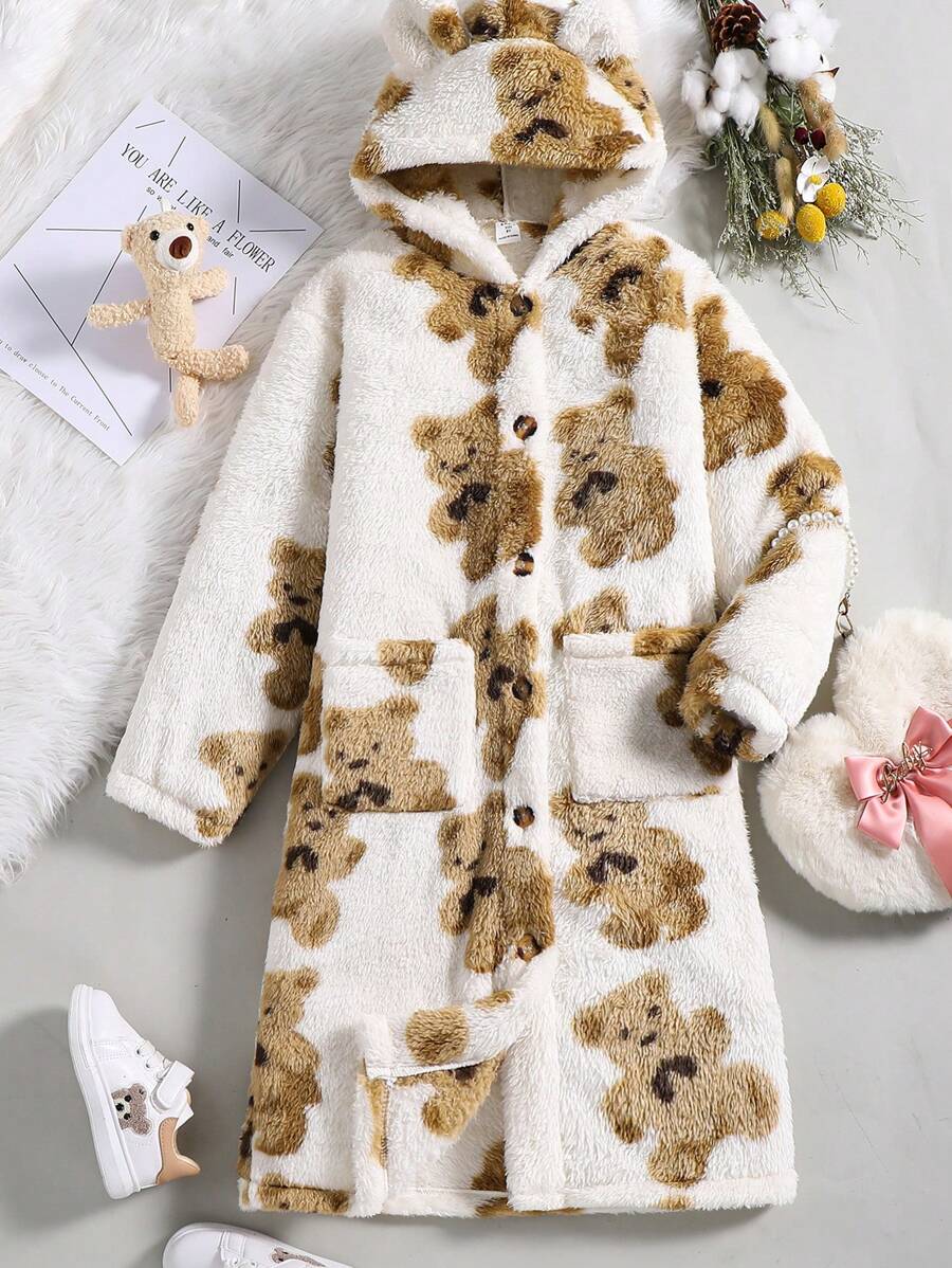 SHEIN 女大童小熊印花雙口袋3D耳朵設計連帽搖粒絨外套 - 彩色 - 查看 1