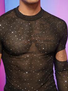 FeverCity Men Cut Out Sleeve Rhinestone Mesh Tee - Black - View 4