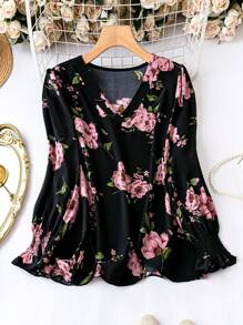 Plus Floral Print Flare Sleeve Blouse Fall Cloth For Women - Black - View 1