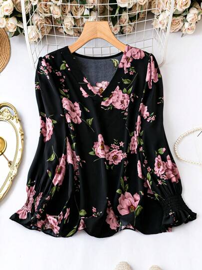 Plus Floral Print Flare Sleeve Blouse Fall Cloth For Women