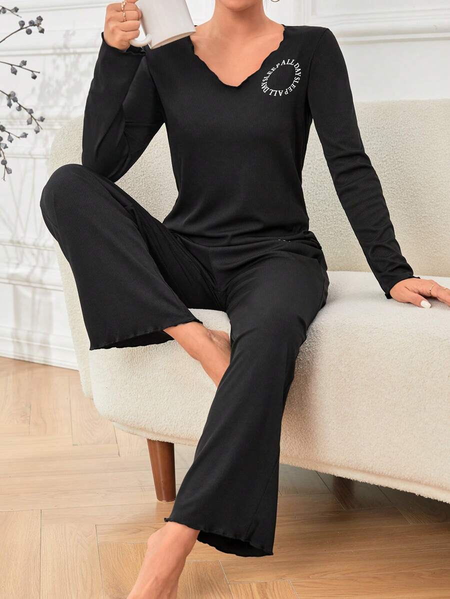 標語圖案T恤和褲子休閒套裝 - 黑色 - 查看 1