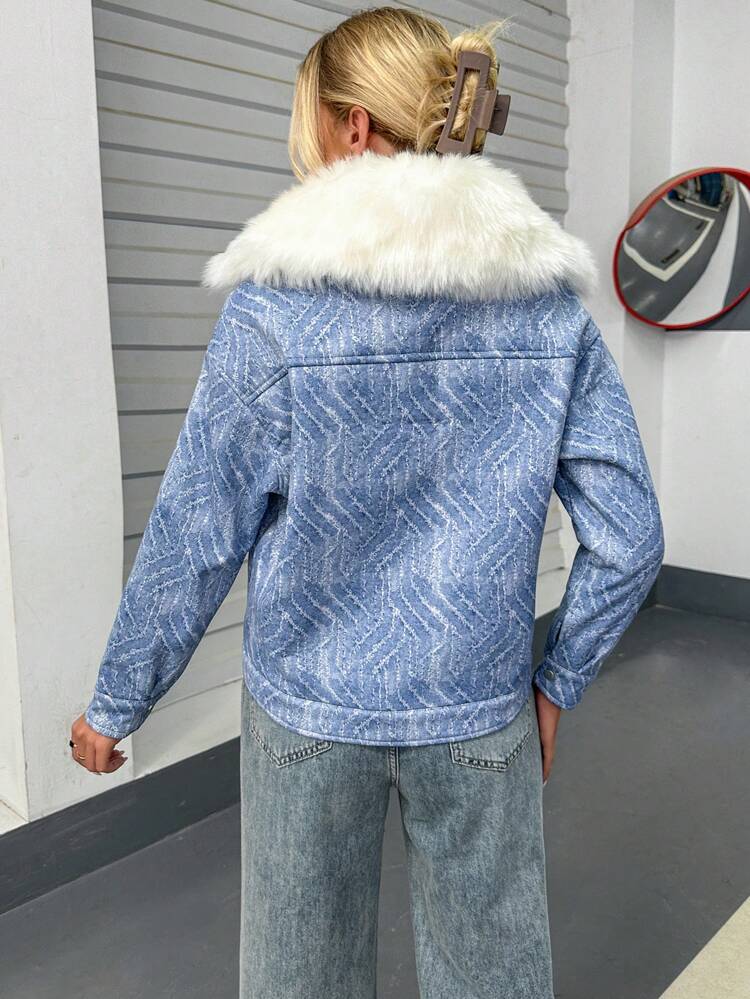 Denim-Effect Print Borg Collar Jacket