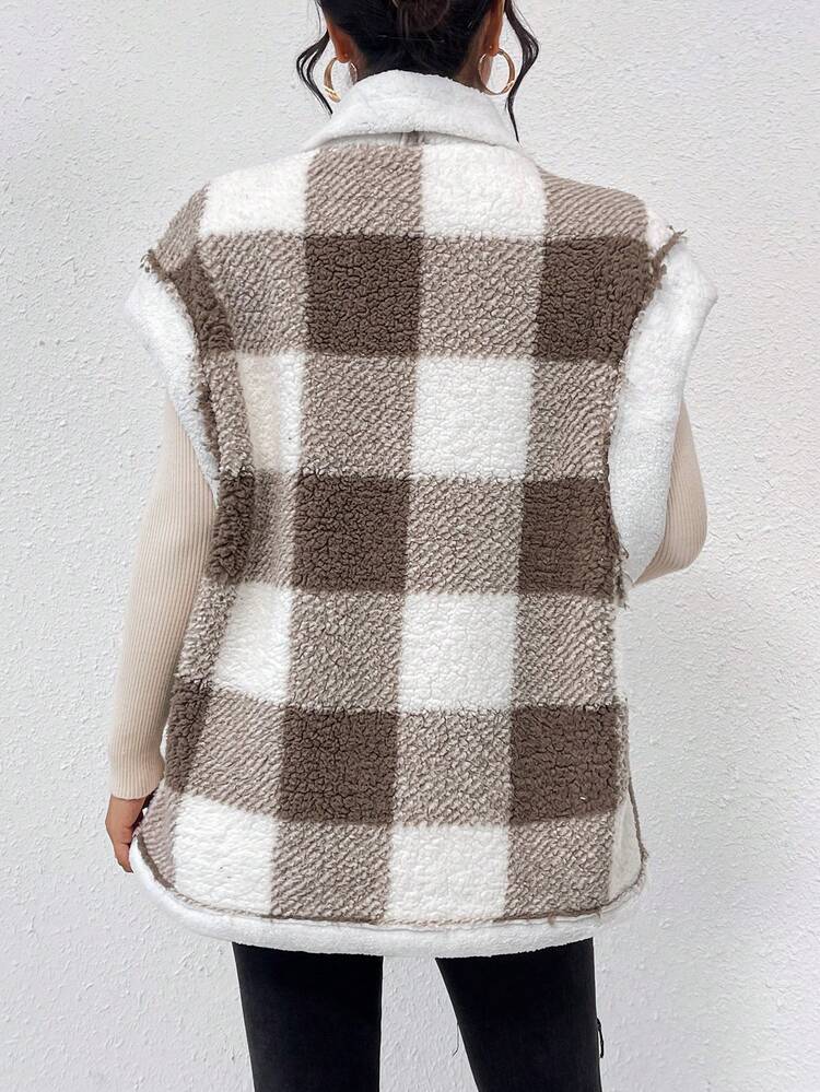 Plaid Teddy Fleece Vest Jacket With Turn-Down Collar Winter Casual Check